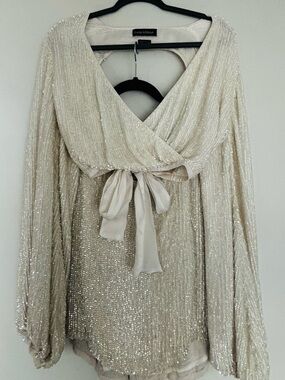 Retrofete- Sparkling Champagne Sequin Tie-Waist Long Sleeve Dress Two Piece Mini